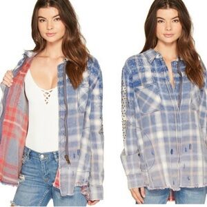 Free People Shacket Deconstructed Shirt Jacket medium distressed plaid flannel